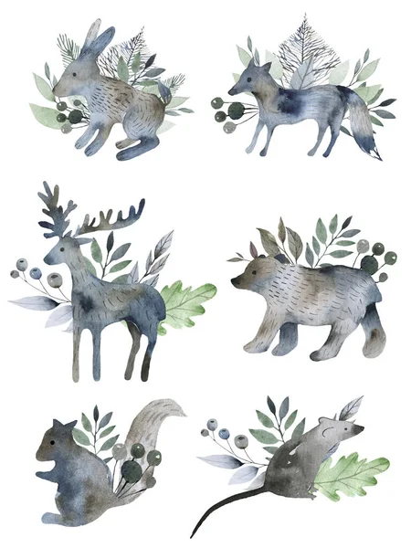 Cute forest watercolor symbols with woody landscape. Scandinavian decorative illustration. — Stock Photo, Image