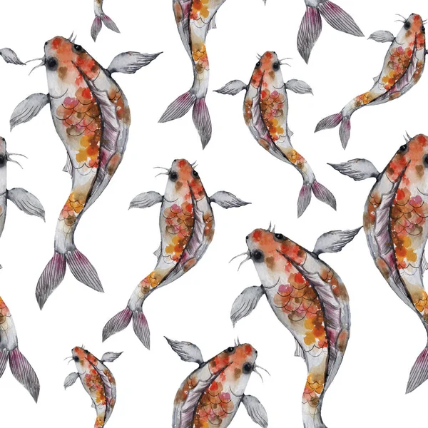 Watercolor oriental pattern with rainbow carps. Seamless oriental texture with isolated hand drawn fishes and blossom cherry. Asian natural background in