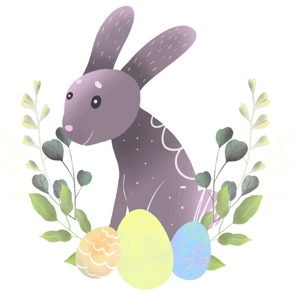 Vintage easter bunnies with eggs and willow branches.  illustration