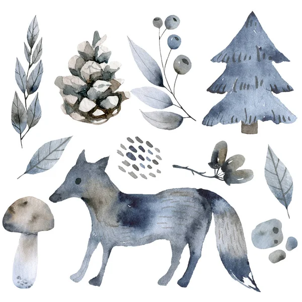 可爱的森林水彩画符号与木质景观.斯堪的纳维亚装饰插图. — 图库照片