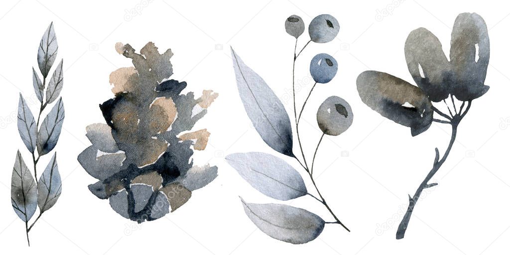 Watercolor forest pattern. Hand painted seamless texture with acorns, cones, twigs and herbs. Natural objects on white background.  illustration