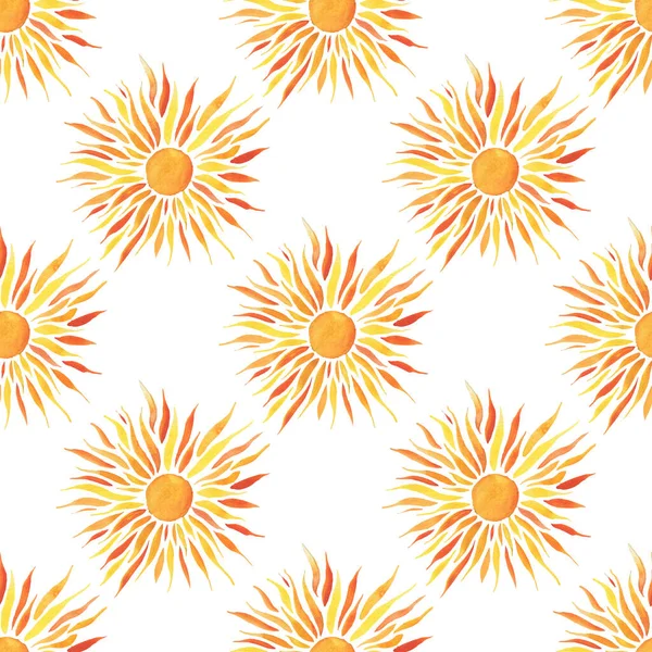 Nahtloses Muster mit leuchtend gelber Sonne auf orangefarbenem Hintergrund. — Stockfoto