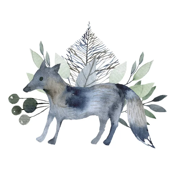 숲의 아이콘들을 귀엽게 해요. 스칸디나비아 수채화 상징. 나무 장식 그림. 야생 동물들의 그림. — 스톡 사진
