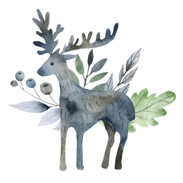 Ωραίες εικόνες δάσους. Σκανδιναβικά σύμβολα υδατογραφίας. Εικονογράφηση διακόσμησης δάσους. Δασικά άγρια ζώα που γραφικά. — Φωτογραφία Αρχείου
