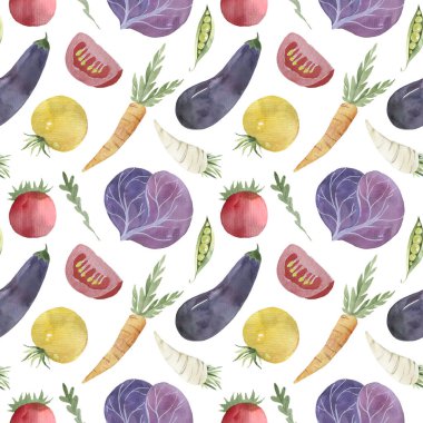Suluboya tarzında sebzelerle kusursuz bir desen. bezelye, patlıcan, maydanoz, havuç, domates, roka, biberiye, yaban turpu, leylak sarısı yeşil kırmızı