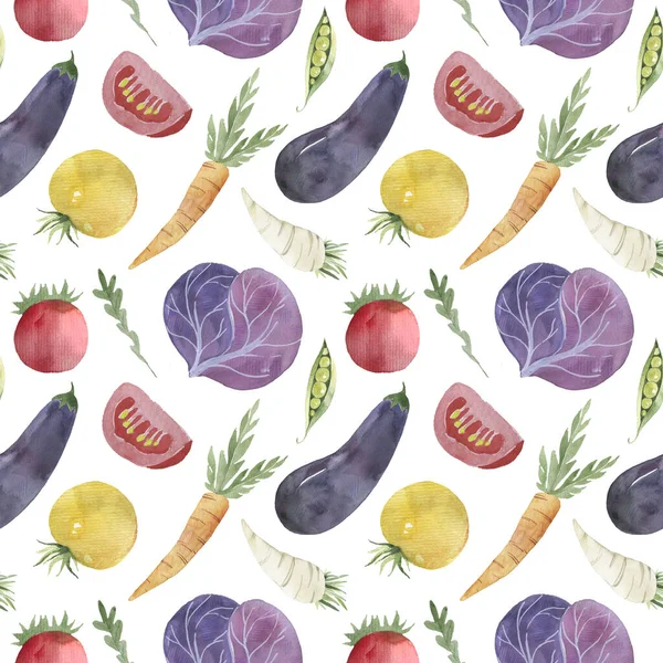 Płynny Wzór Warzywami Akwarelowym Stylu Groch Bakłażan Pietruszka Marchew Pomidor — Zdjęcie stockowe