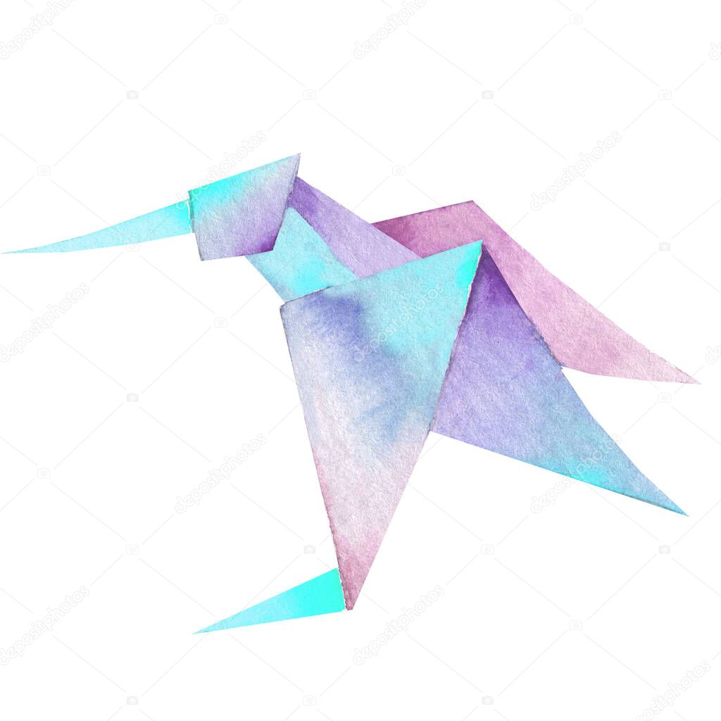 Origami watercolor hummingbird. Logo and design illustration on a white background