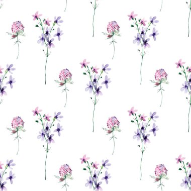 Papatya çiçeği ve kır çiçeğiyle sulu boya deseni. Yaz geçmişi, illüstrasyon. Aşıklar ve yabani leylak çiçekleri