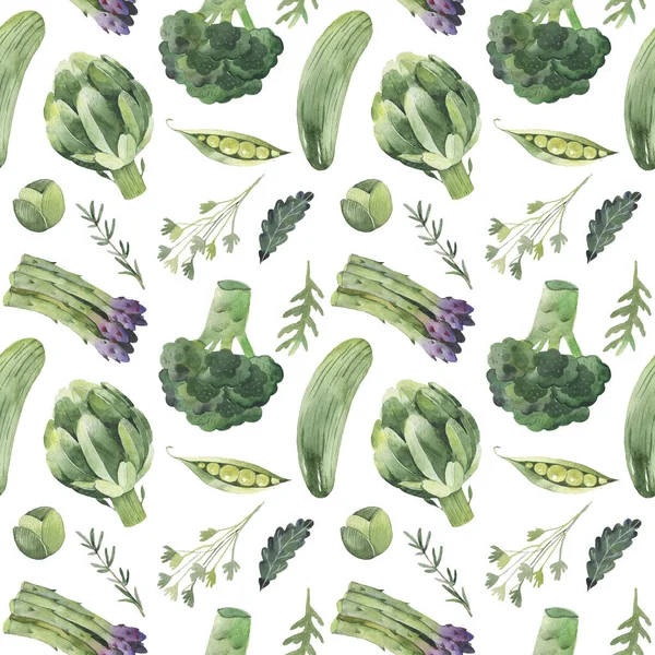 Płynny Wzór Białym Tle Akwarela Zielone Warzywa Ilustracje — Zdjęcie stockowe