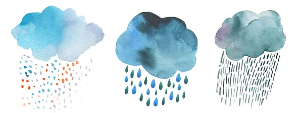 水の色の雨の雲のセット 雨でかわいい青い雲 あなたのデザインのための白い背景に隔離された水彩オブジェクトのセット はがき 招待状 天気予報のアイコン — ストック写真