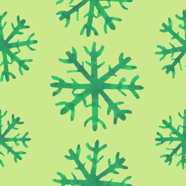 Decorative green winter Christmas seamless texture with different line art snowflakes. Winter pattern background with snowflakes