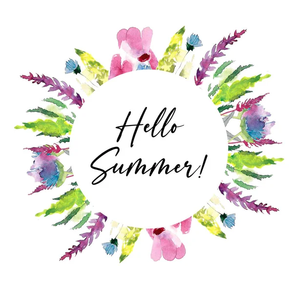 Hand Drawn Flowers Watercolor Wreath Hello Summer Cute Colorful Flowers — Stock Photo, Image