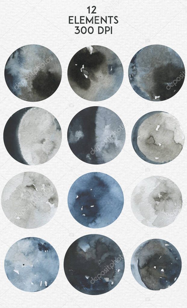 Different silhouettes of the Moon Watercolor ink indigo