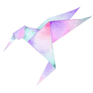 Origami kağıt kuşu. Suluboya çizimi. Çokgen şekilli. Kağıt katlama sanatı. Japon origami vinci, güvercin. Soyut arka planda uçan kuş. Origami tarihi. Kağıtlar uçuşta.