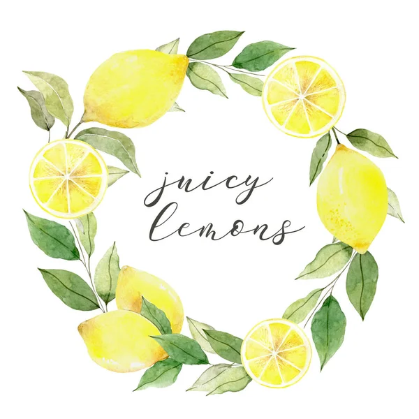 Ghirlanda di limone acquerello e frutto della passiflora, cornice rotonda, invito — Foto Stock