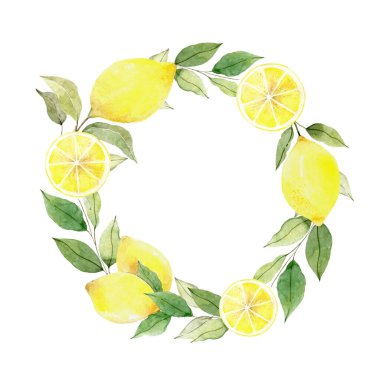 Suluboya limon çelengi ve tutkulu çiçek meyvesi, yuvarlak çerçeve, davetiye şablonu