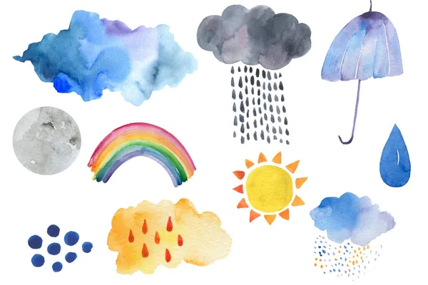 Gekritzelte Darstellung von Wettersymbolen - niedliche Dekoration. Kleine Regenbogen und Wolken, niedliche Figuren, Poster für Kinderzimmer, Grußkarten, Kinder- und Babybekleidung. Isoliert . — Stockfoto