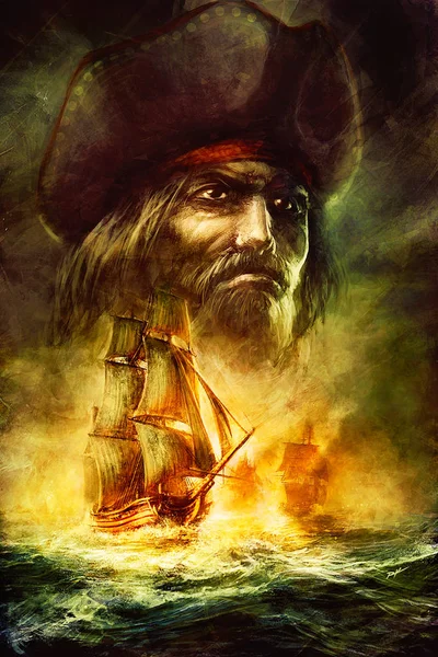 背景为海上船舶及海盗头像 数码绘画 — 图库照片