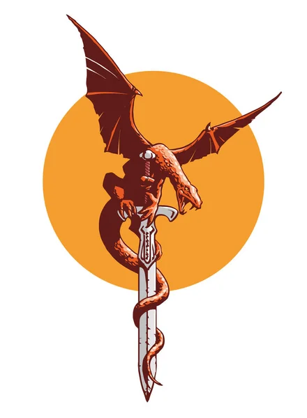 Fantasy Dragon Szárnyakkal Egy Kard Vektor Illusztráció Eredeti Alkotás — Stock Vector