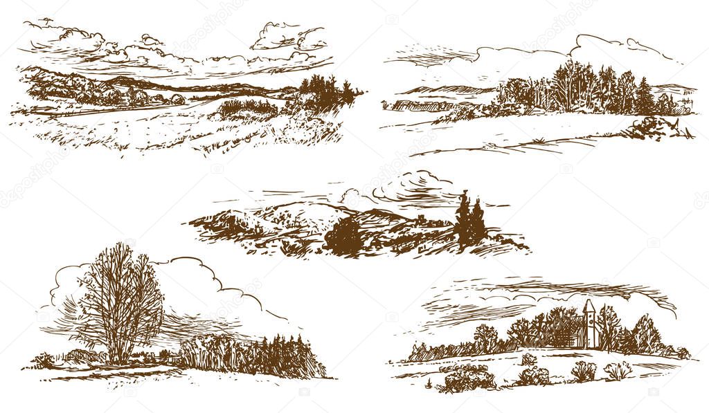 countryside landscape, set of hand-drawn illustrations, drawing on white background (vector)