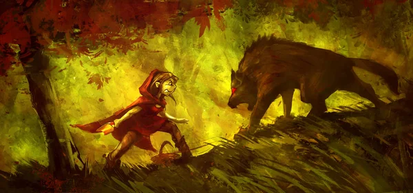 Little Red Riding Hood Vechten Met Een Wolf Het Bos — Stockfoto