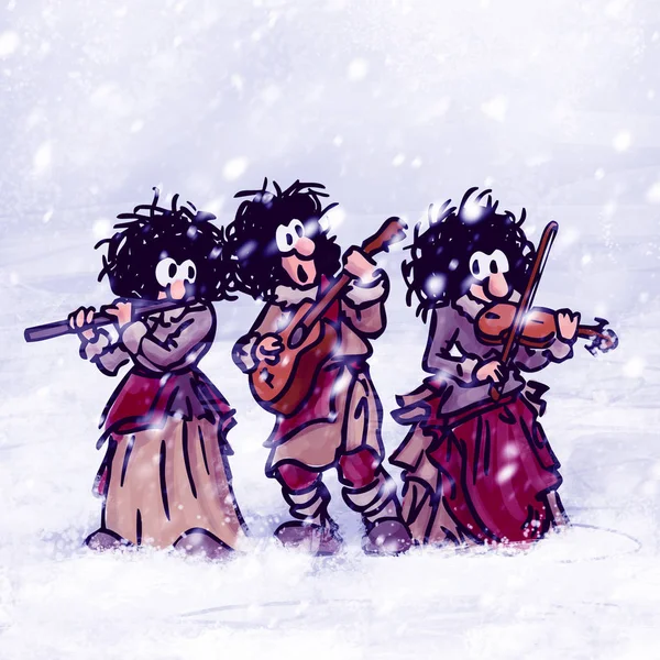 Three Wandering Musicians Play Music Winter Snowing — Stock Photo, Image