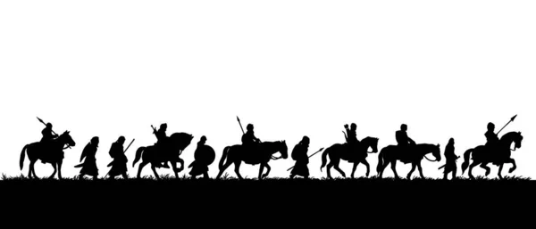 Silhouette Group Medieval Warriors Expedition Vector Black Illustration White Background — Stock Vector