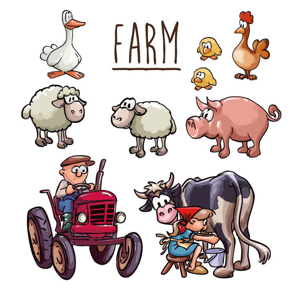 cartoon illustration - farmer driving a tractor, a peasant woman milking cow and set of farm animals (hen, chickens, sheep, goose and pig) - isolated, white background, vector