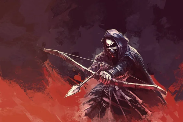 Skeleton Grim Reaper Hood Bow Arrow Color Painting — Stock Photo, Image