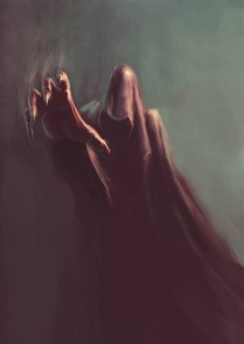 Karanlıktaki kapüşonlu fantezi şeytanı, eline uzanan - resim, hayali karakter