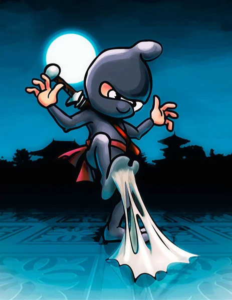 Ninja Desajeitado Noite Com Preso Goma Mascar Desenho Animado Ilustração — Fotografia de Stock