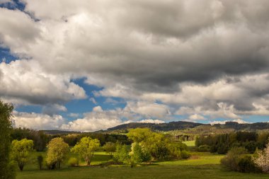 Çayırları, ağaçları, ormanları olan güzel bir manzara. Arka planda ağaçlık tepeler ve beyaz bulutlu mavi gökyüzü.