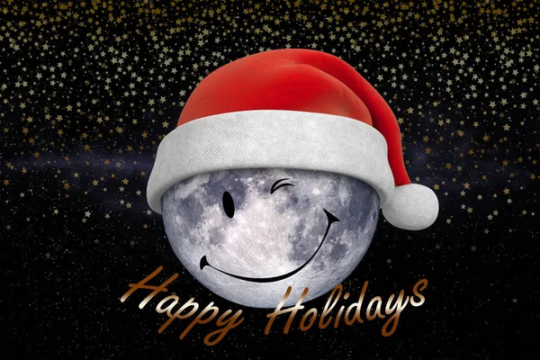 Christmas background. Moon in the starry sky in Santa\'s hat
