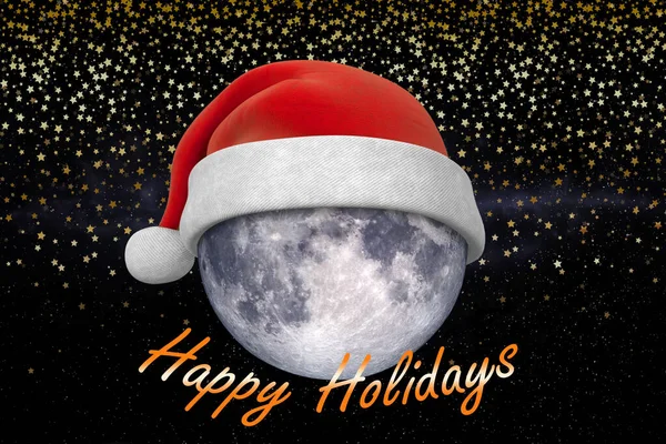 Christmas background. Moon in the starry sky in Santa\'s hat
