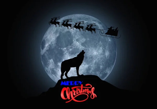 Santa\'s sleigh flies against the moon and the wolf howls