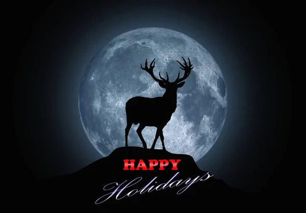 Silhouette of a Christmas deer on a background of the full moon.