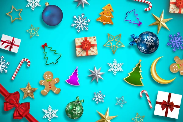 Achtergrond Turquoise Met Nieuwjaar Geschenken Speelgoed — Stockfoto