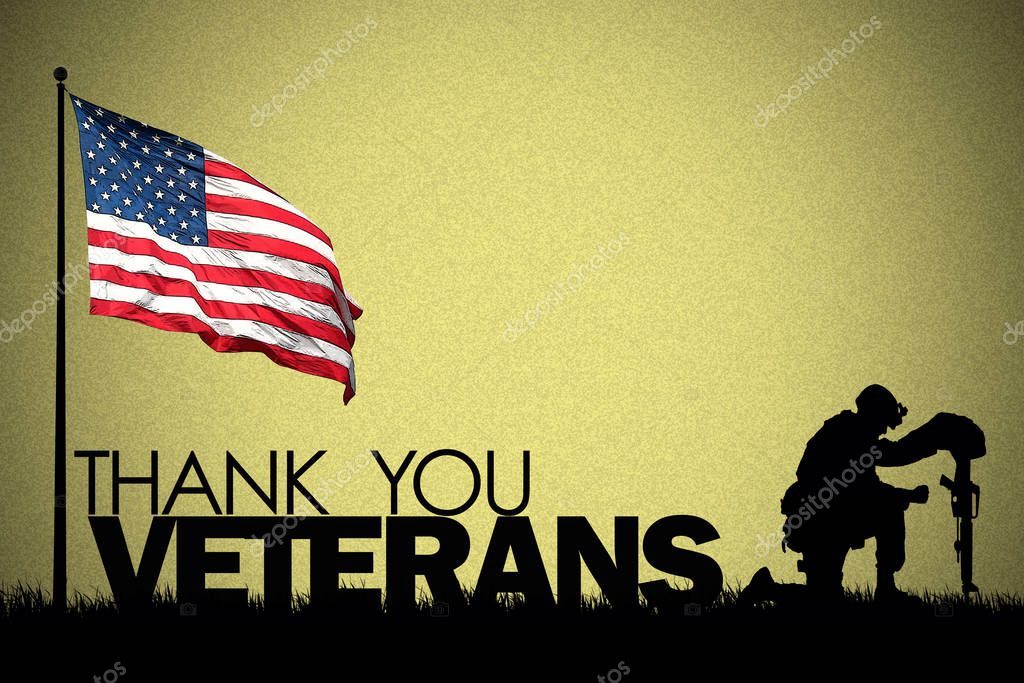 The words THANK YOU VETERANS in black and white and the American flag