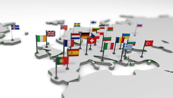 3D иллюстрационная карта Европы с флагами ЕС
