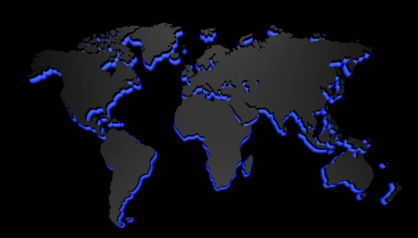 Ilustração Mapa Mundo Sobre Fundo Preto Destacado Pelo Néon Azul — Fotografia de Stock