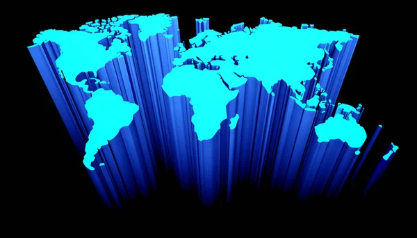 3D illustration of a world map on a black background highlighted by blue neon