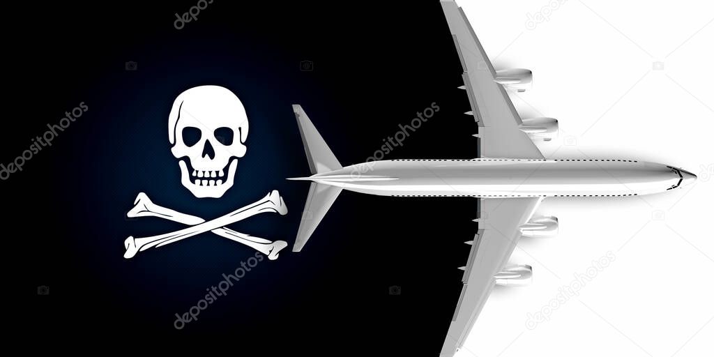 3D flag of pirates with a skull with an airplane flying over it