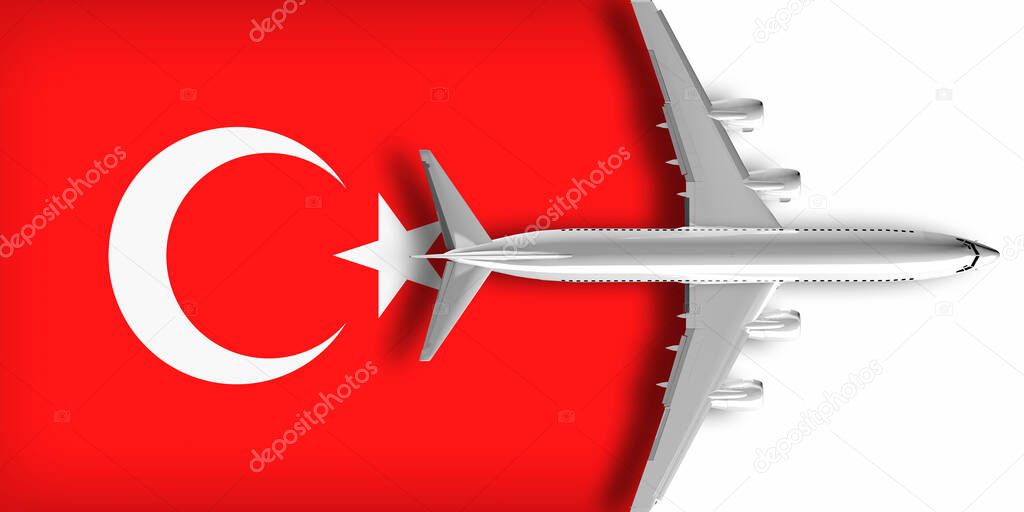 3D flag of Turkey with an airplane flying over it