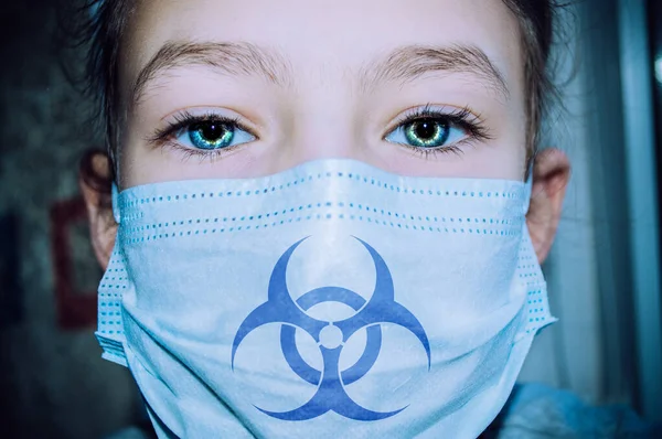 Child Medical Mask Biohazard Sign Close — Stock Photo, Image