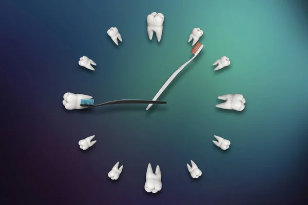 歯ブラシの形をした矢で人間の歯で作られた時計の3Dイラスト — ストック写真