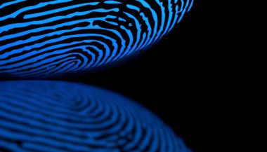 Siyah arkaplanda bir parmak izinin 3 boyutlu çizimi.