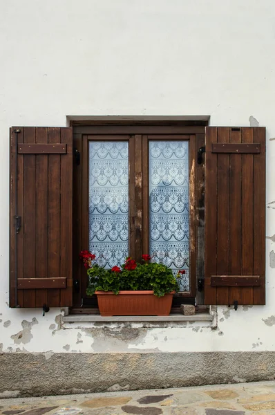 Старе Вікно Віконницями Горщик Квітів Крупним Планом — стокове фото