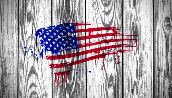 Bandera Americana Pintada Con Manchas Sobre Fondo Madera — Foto de Stock