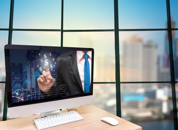 Computer with Businessman point sign — Stock Photo, Image