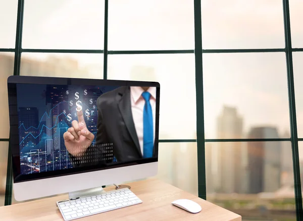 Computer with Businessman point sign — Stock Photo, Image